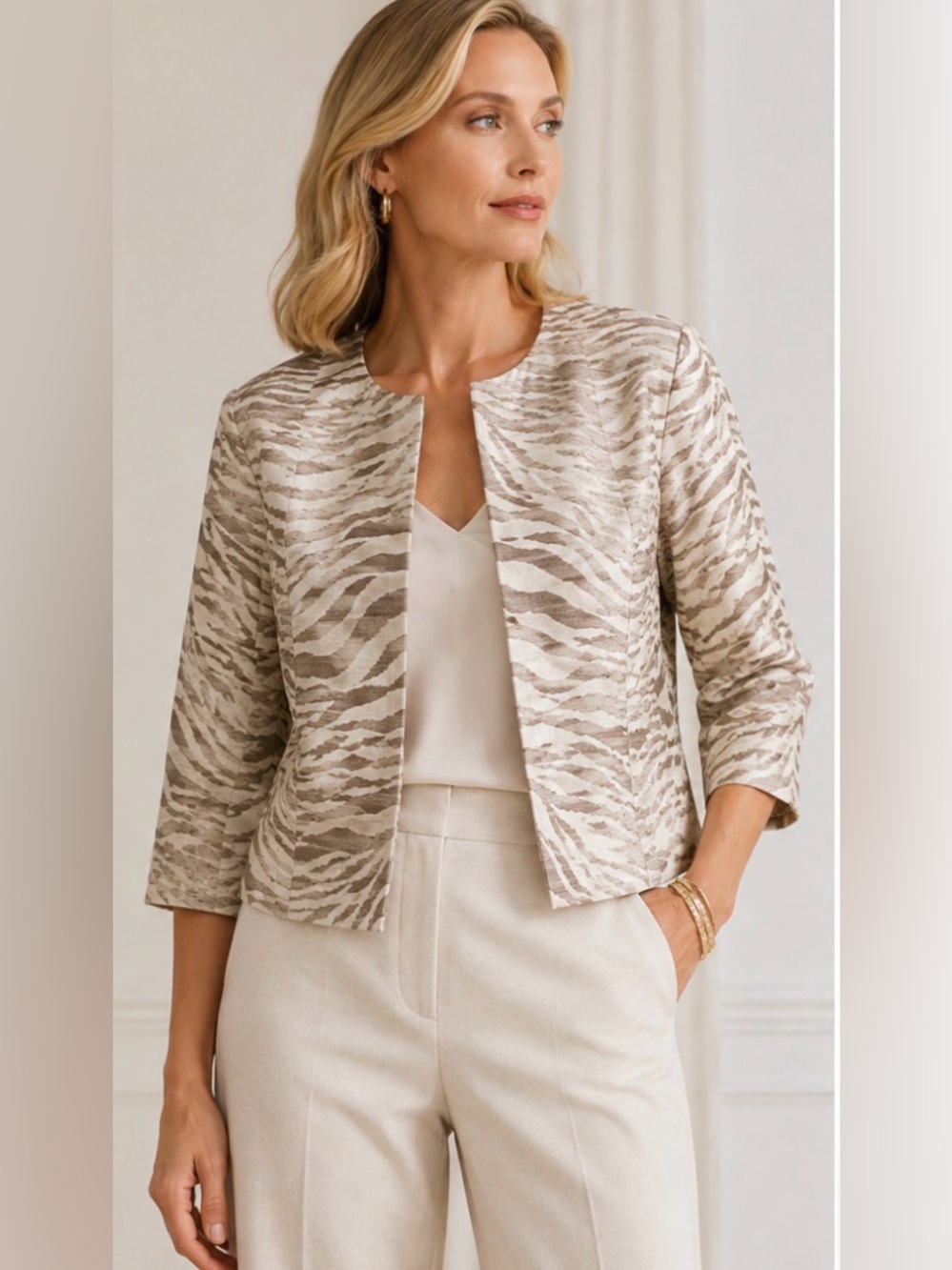 Lafayette 148 NY Zebra Print Open‎ Jacket Quiet Luxury Linen Blend L